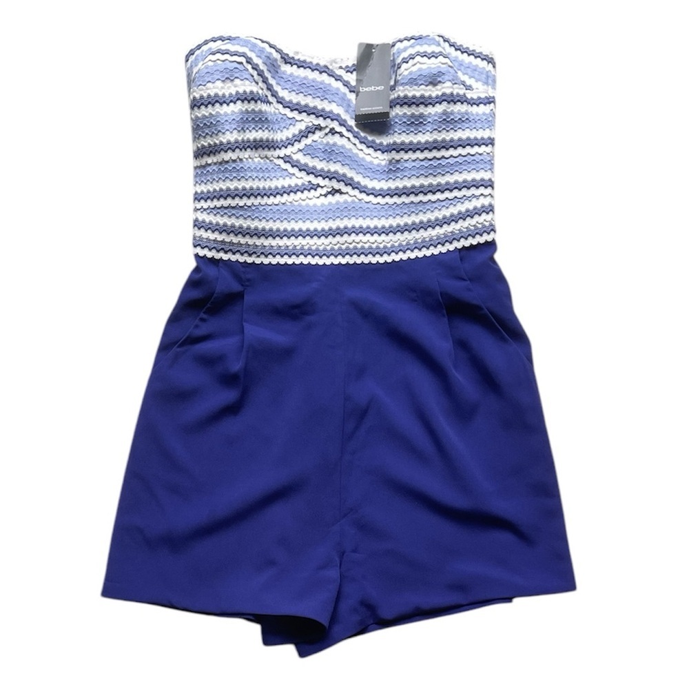 Bebe NWT Women’s Katrina Strapless Romper Blue and White Zigzag Size 2 NEW
